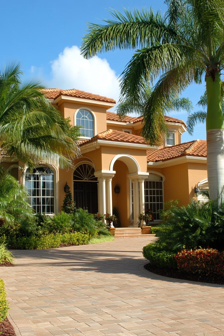 Mediterranean villa with palm trees and terracotta roof