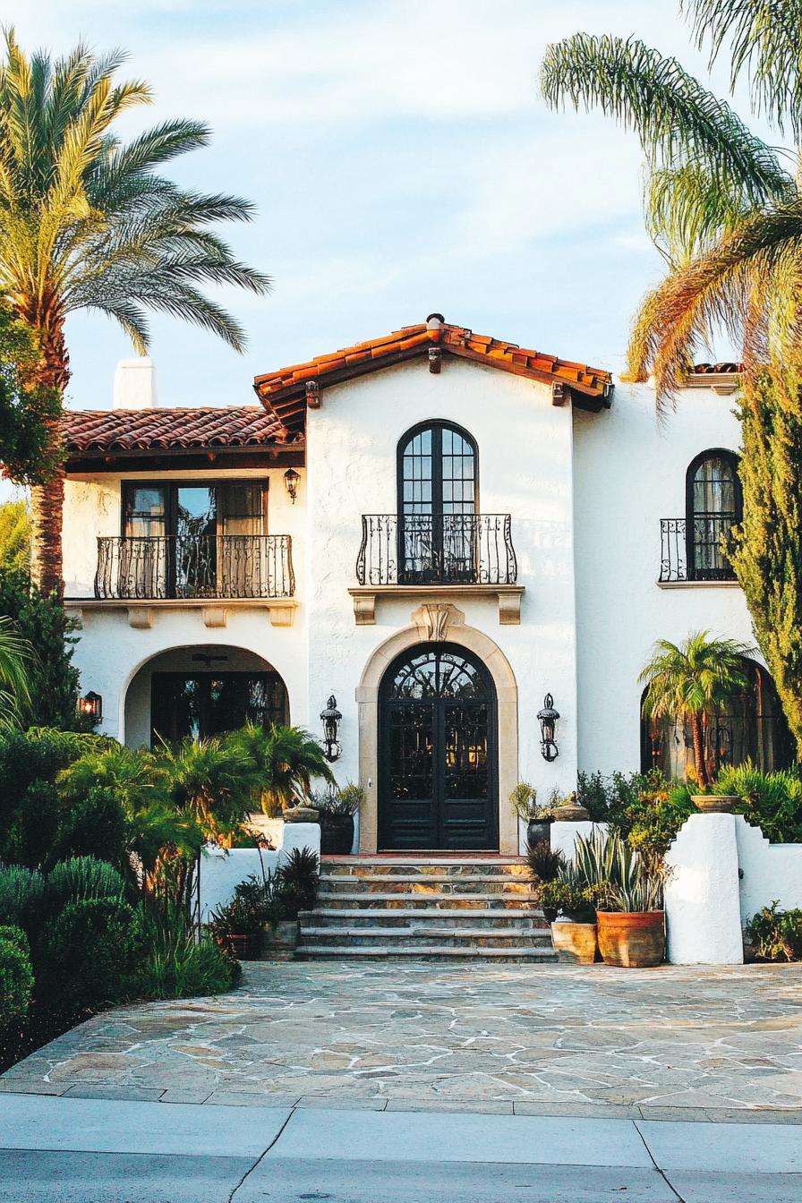 Elegant villa entrance with arches and palm trees