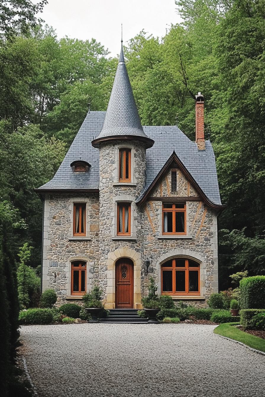 Charming stone house with a turret amidst lush greenery