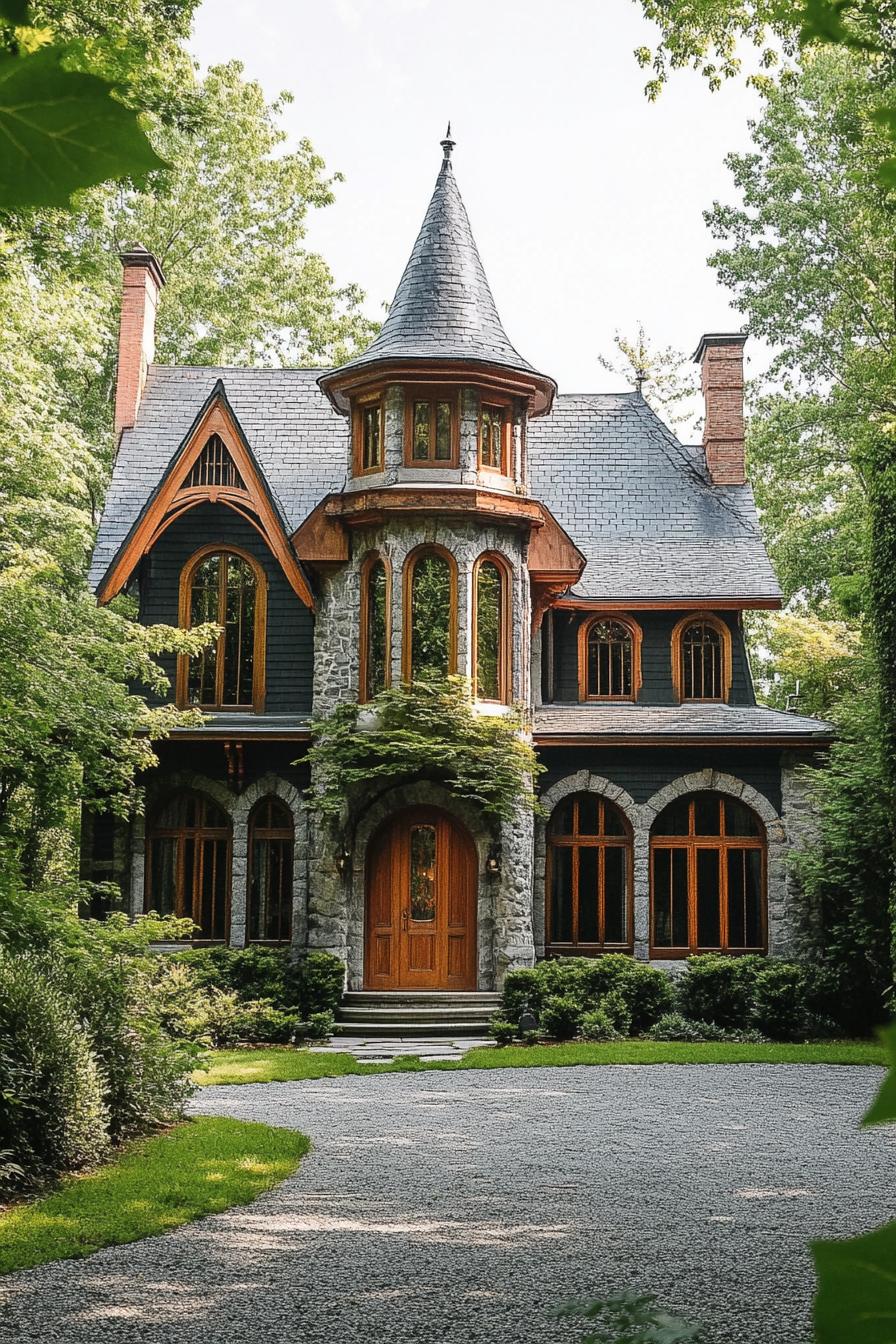 Charming stone house with a tall turret and arched windows