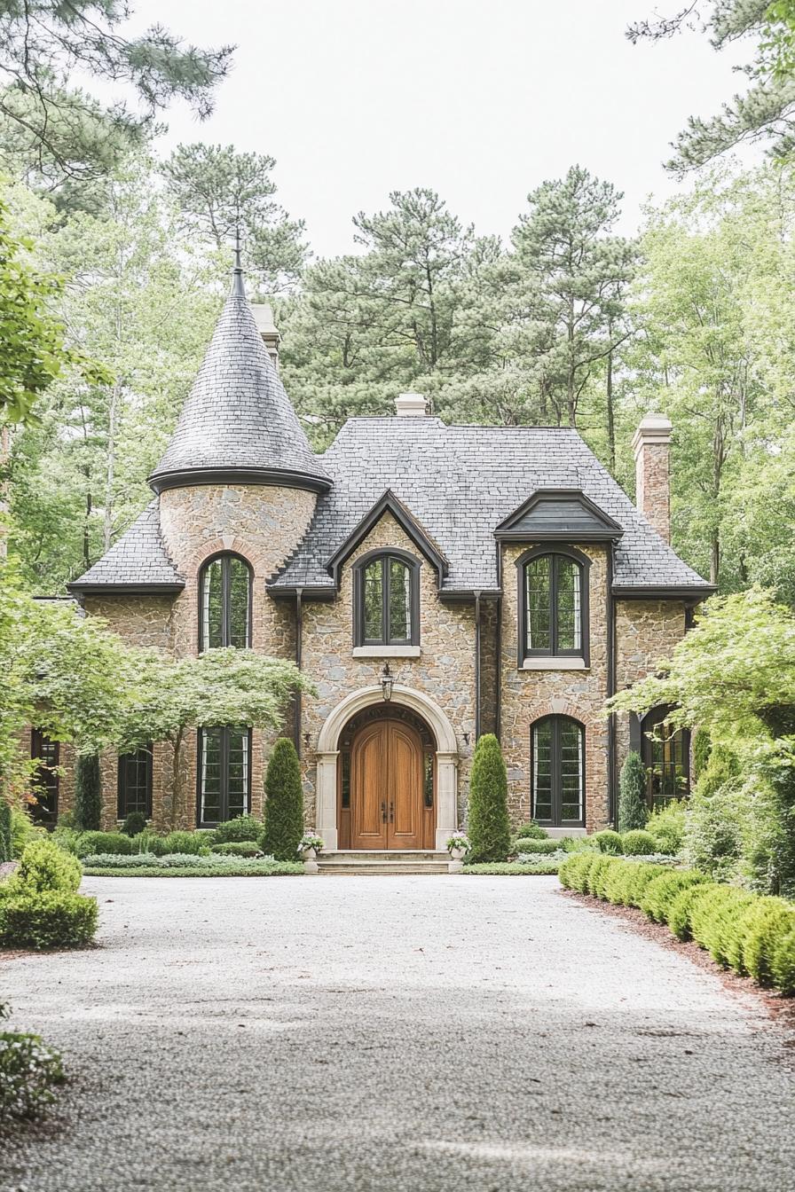 French-style stone house with turret amidst lush greenery