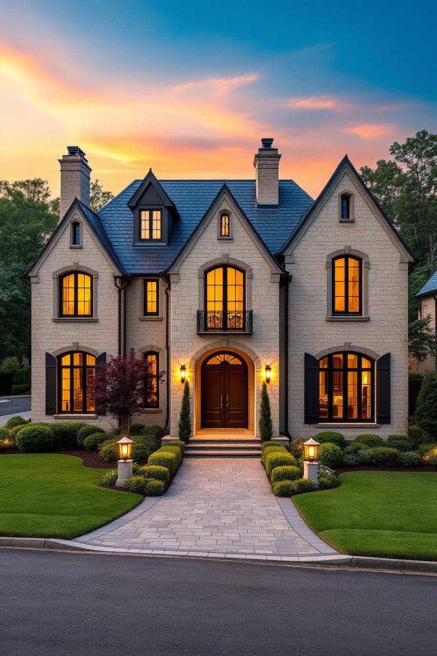 Modern French home exterior at dusk with glowing windows