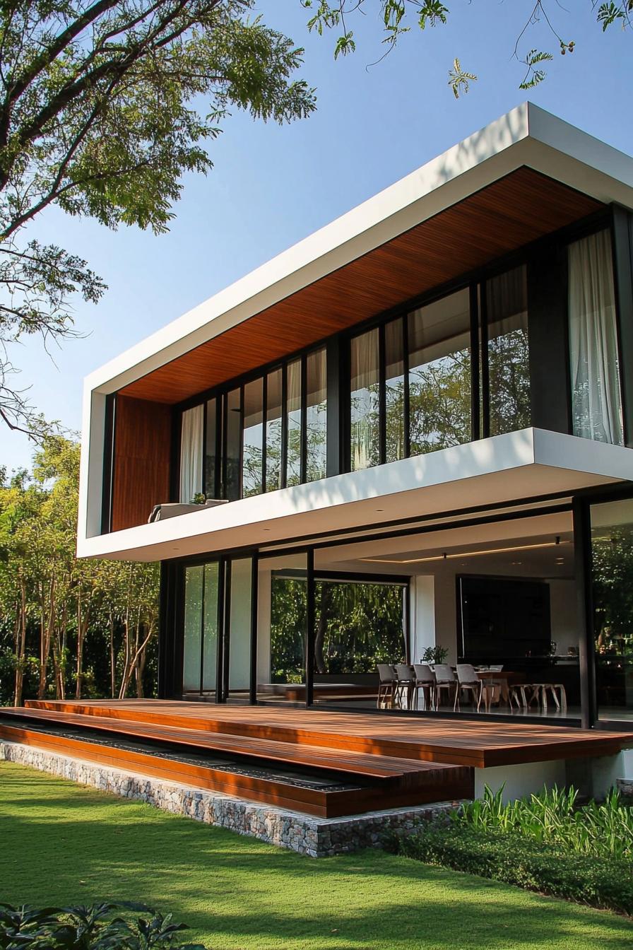 Modern Thai house with glass facade and wooden accents