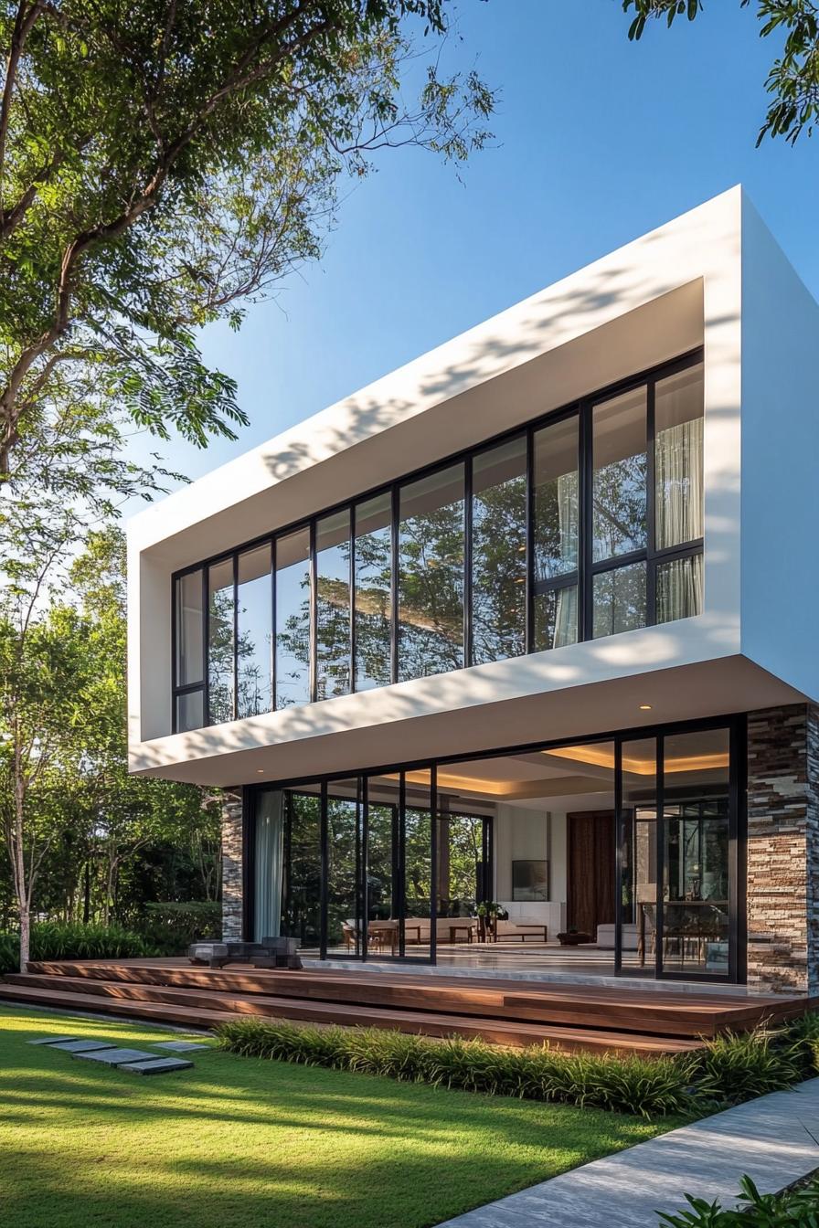 Modern Thai house with large glass windows surrounded by greenery