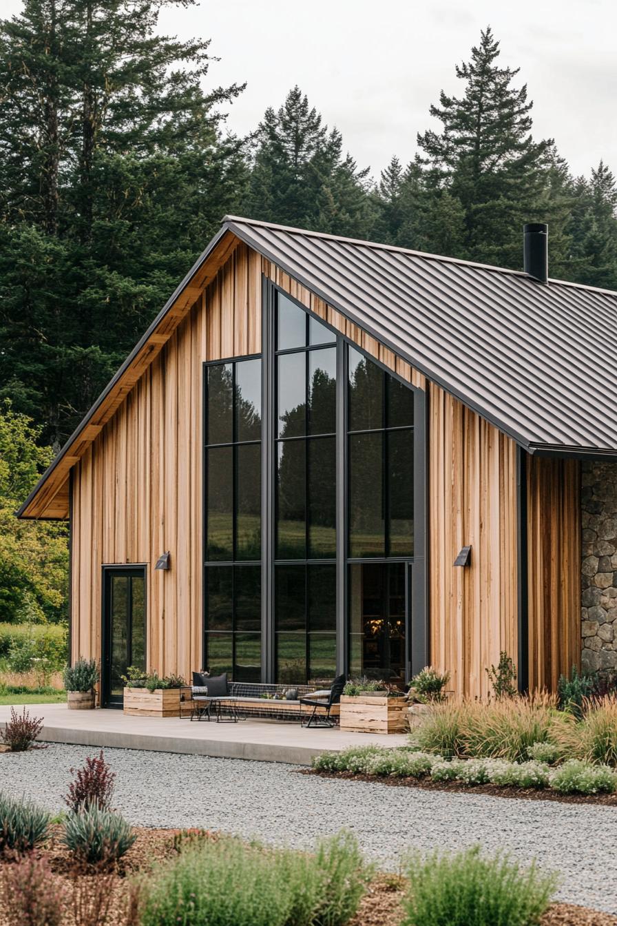 Modern barndominium with large glass windows and wooden exterior