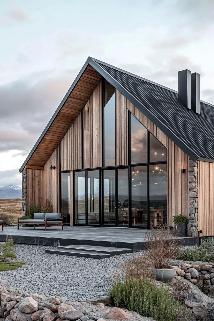 A modern wooden A-frame house with large windows