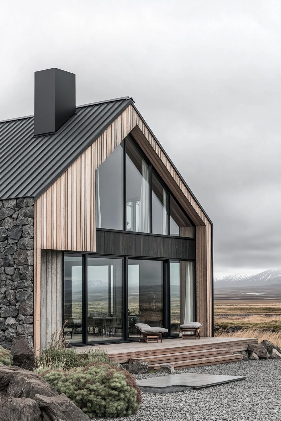 Modern A-frame house with vast windows against a rugged backdrop