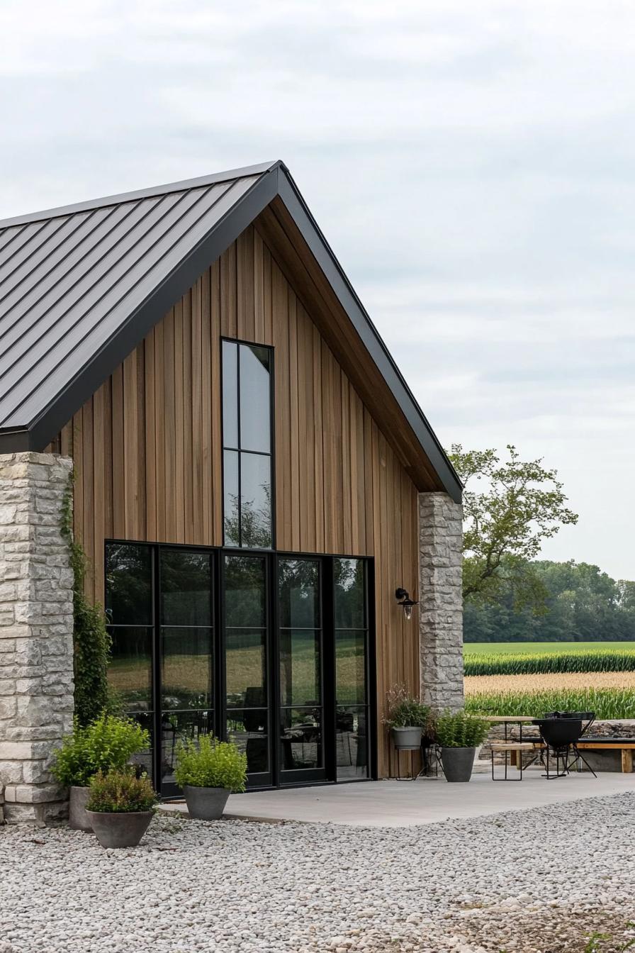 Barn-style home with wood, stone, and metal features