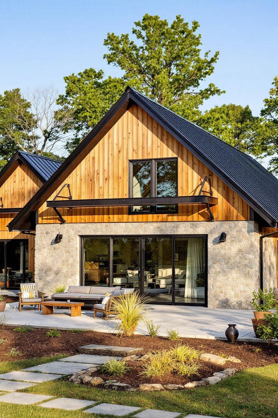 Stylish barn-style house with stone and wood accents