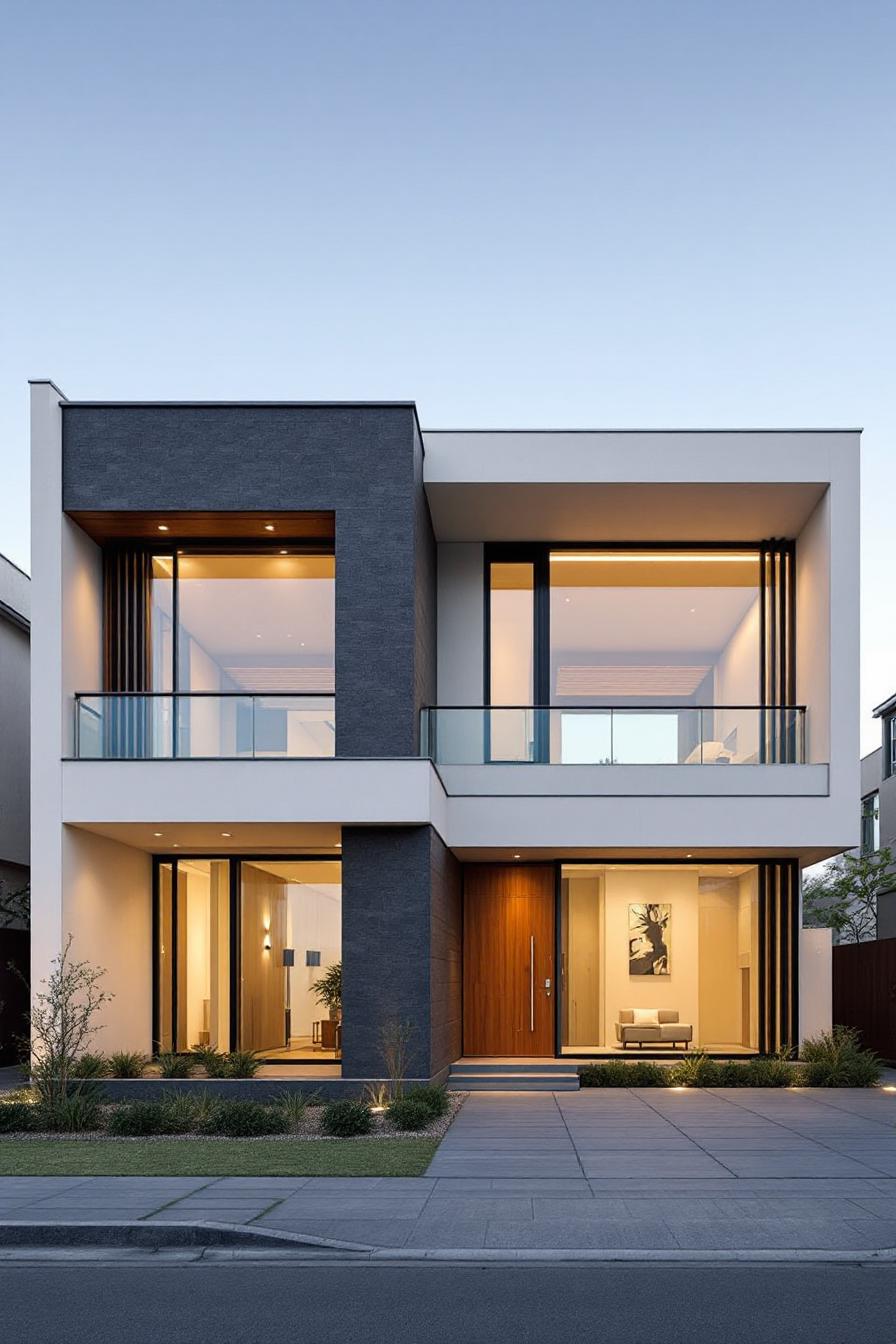 Modern house facade angular and geometric multi story structure smooth concrete with sections of dark stone flat roofs with clean lines large