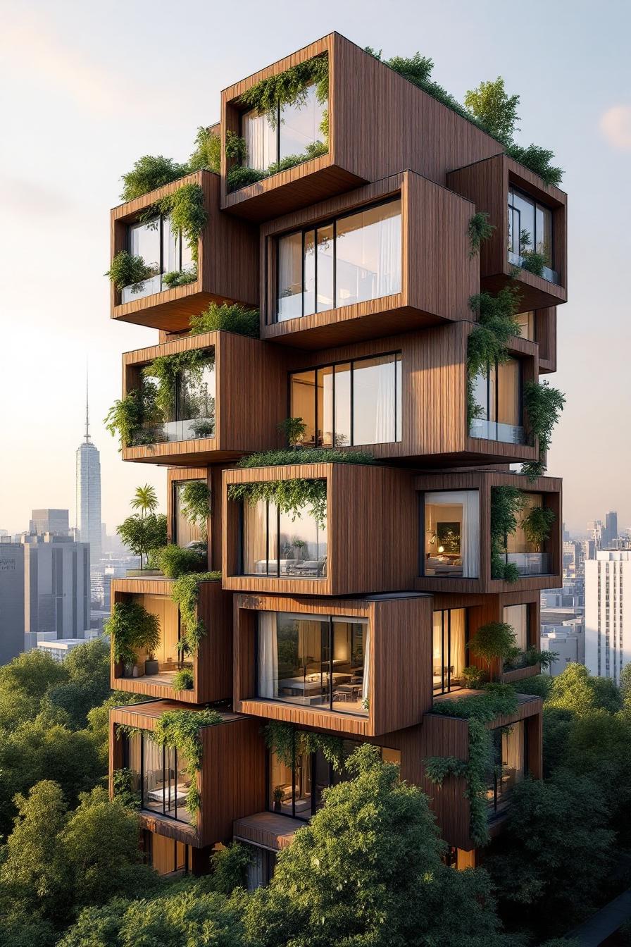 Vertical wooden structure with modern glass windows and lush greenery