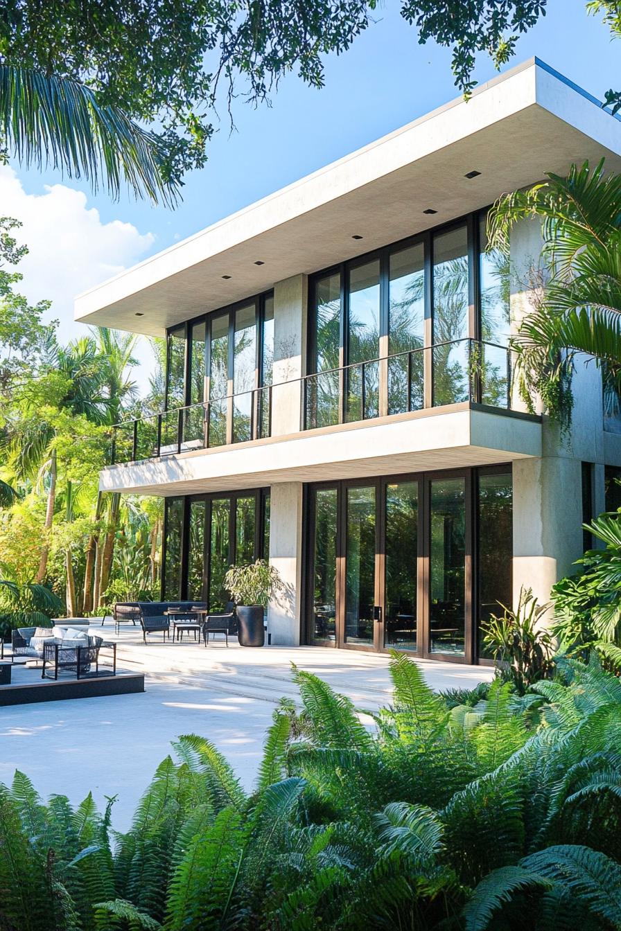 Modern two-story house with glass walls surrounded by lush greenery