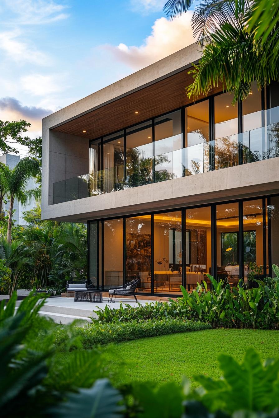 Modern tropical house with large glass windows surrounded by lush greenery