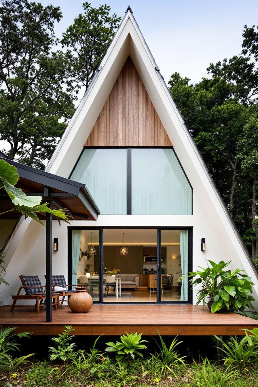 Tropical A-frame house with large windows and deck