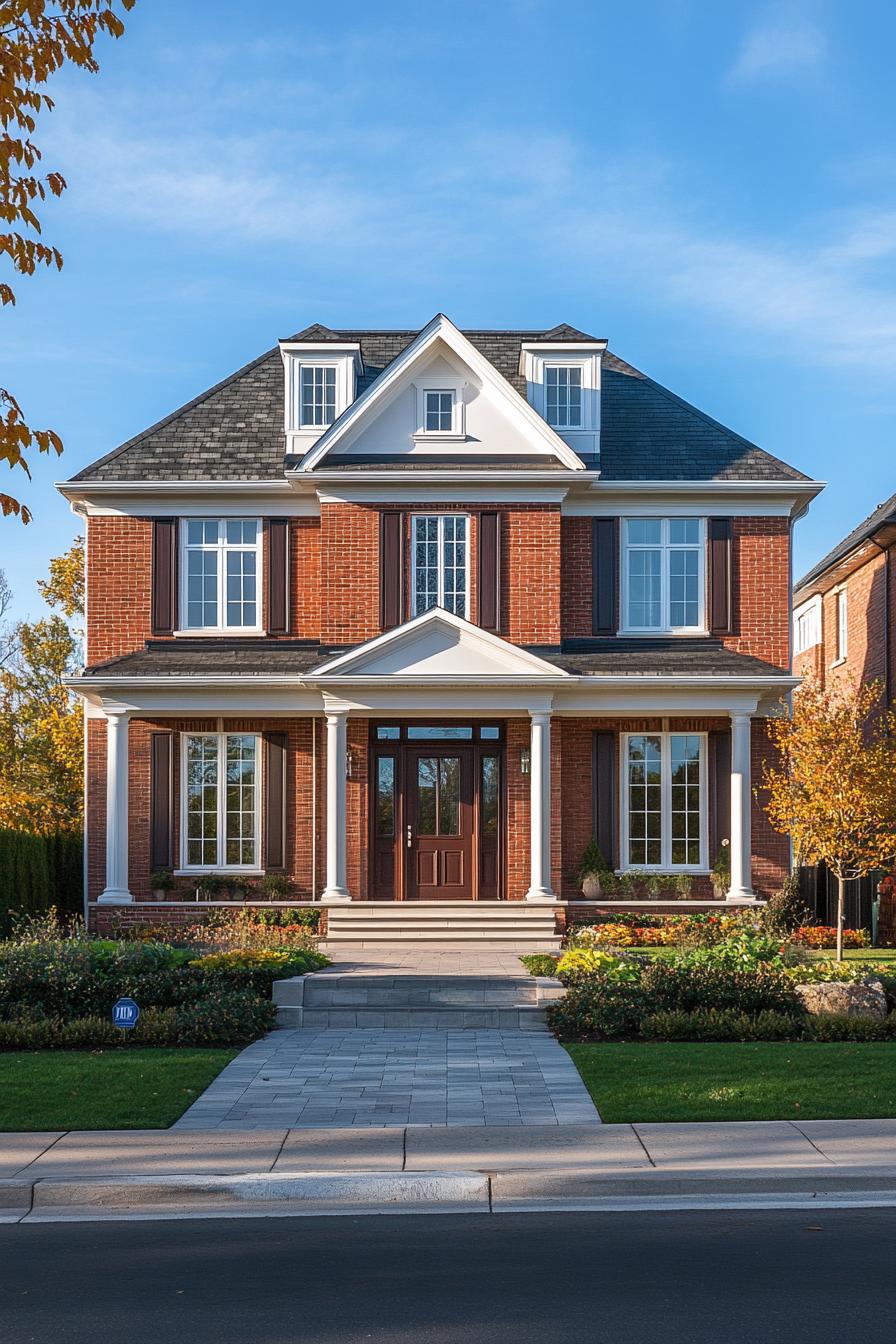 Red-brick Georgian house with white columns against a clear blue sky