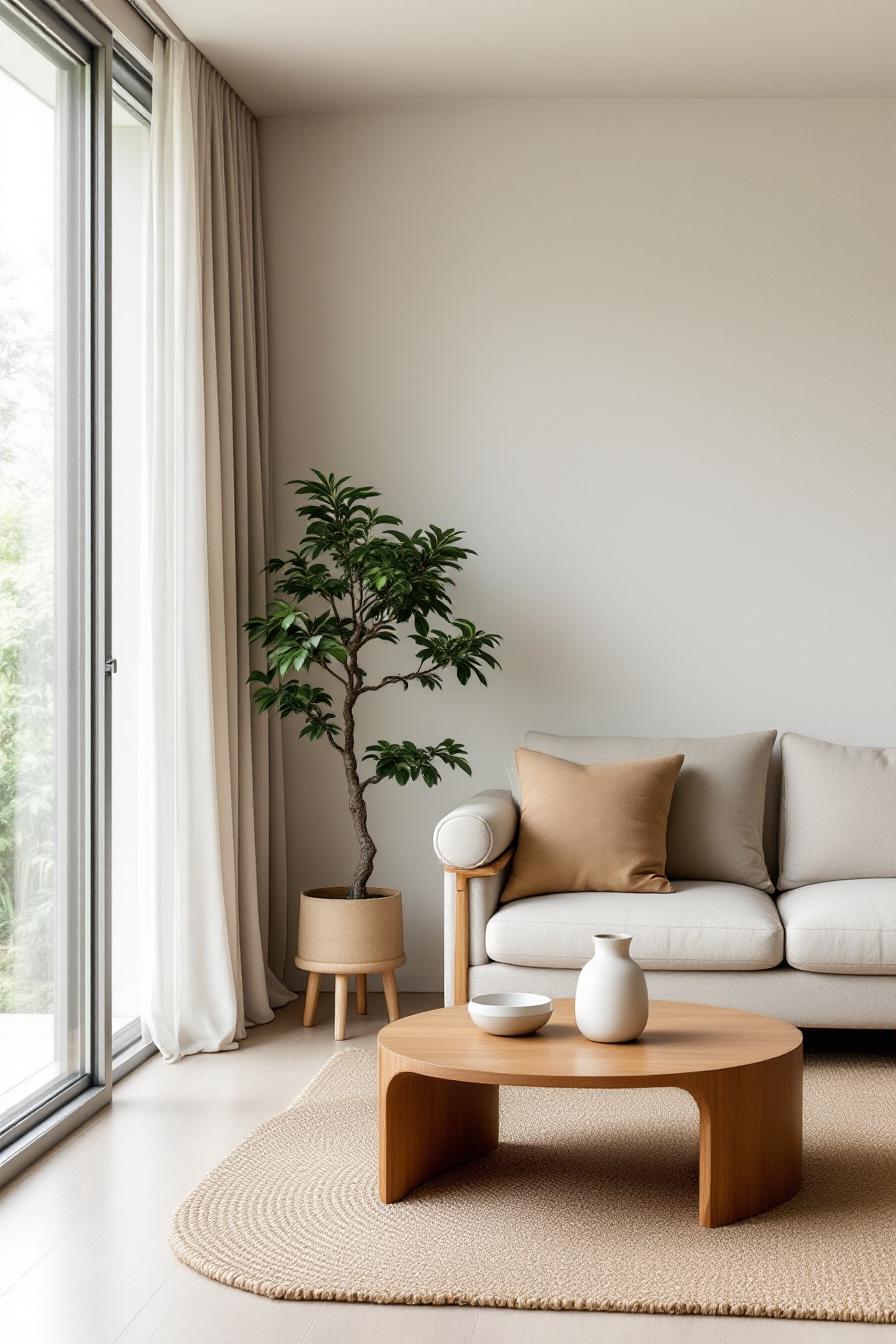 Modern minimalist living room with a plant and serene decor