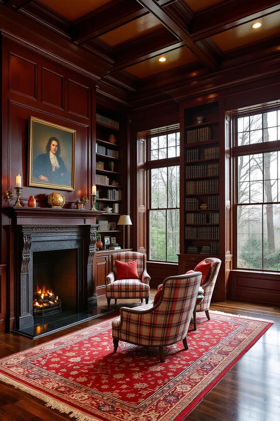 Cozy library with elegant fireplace and plush chairs