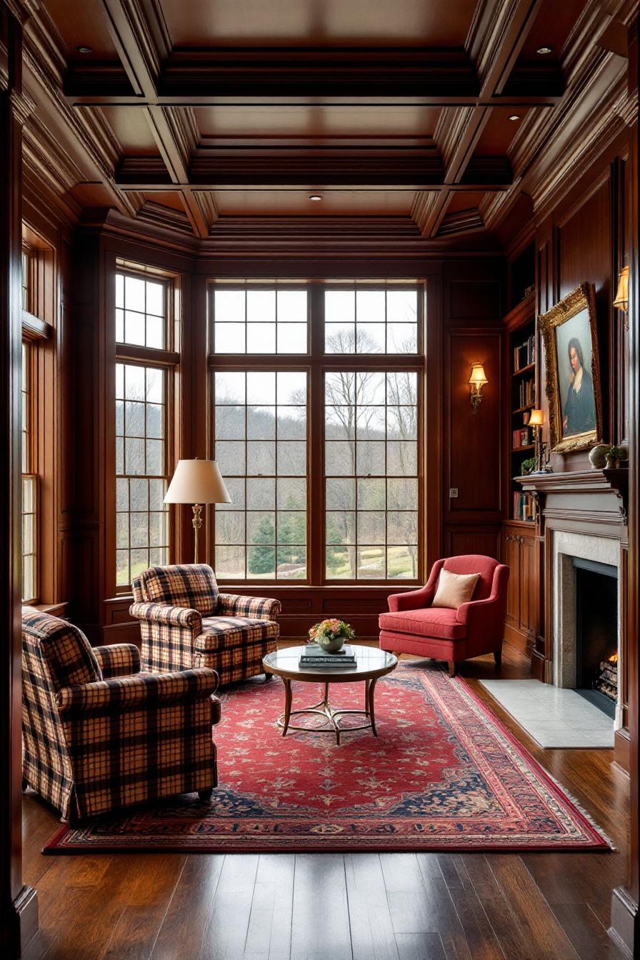 Warm library with large window, plaid chairs, and a red rug