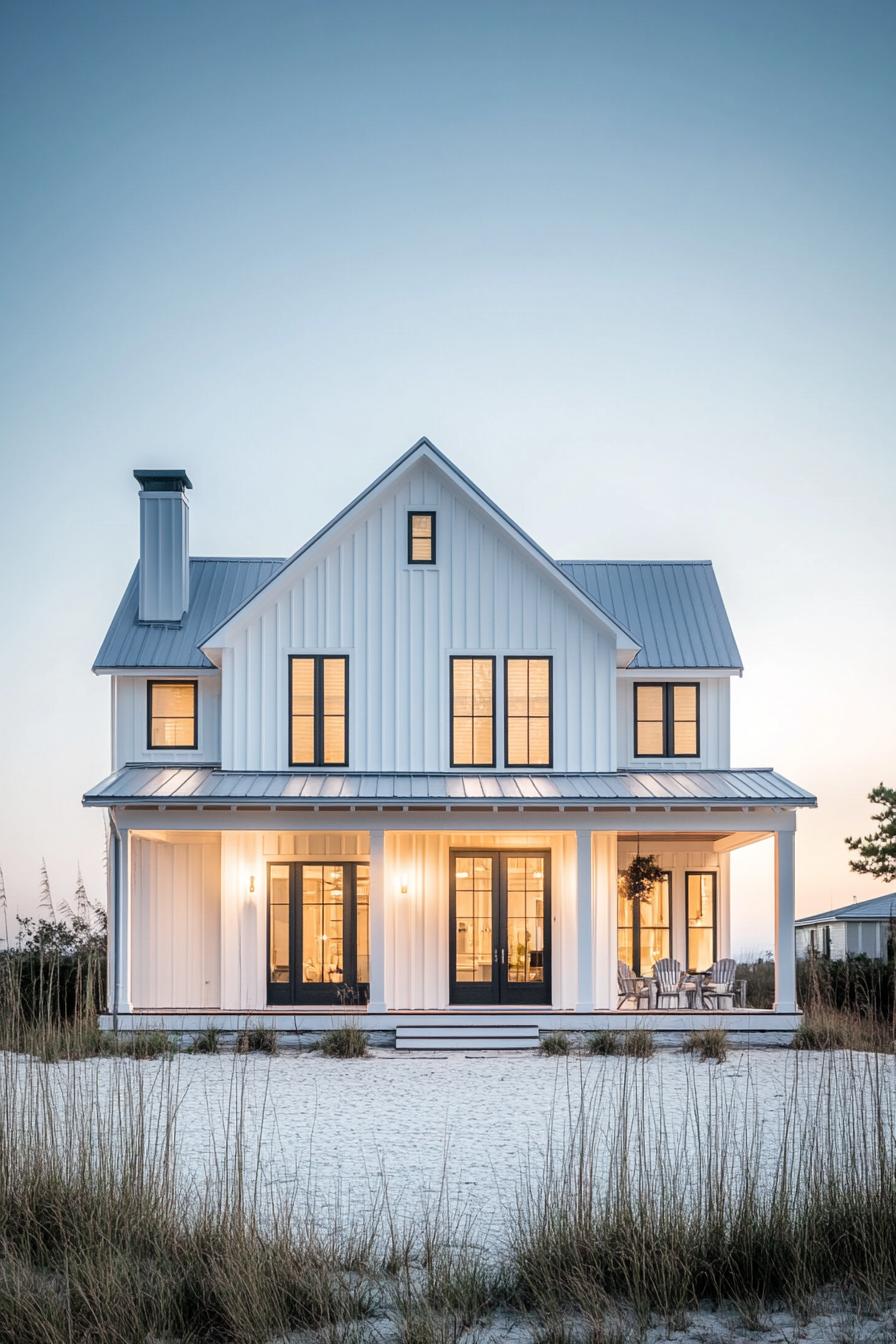 Elegant white beach house with a gable roof and large windows