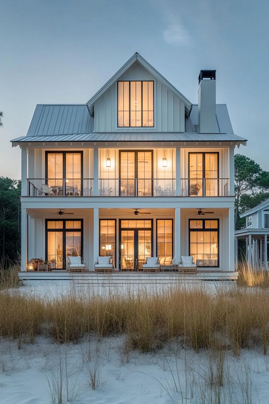 Modern beach house with tall windows and a gabled roof