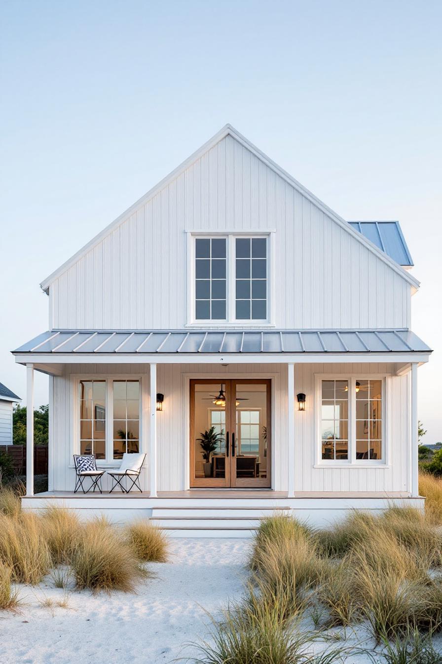 Charming modern beach house with white siding and a gable roof