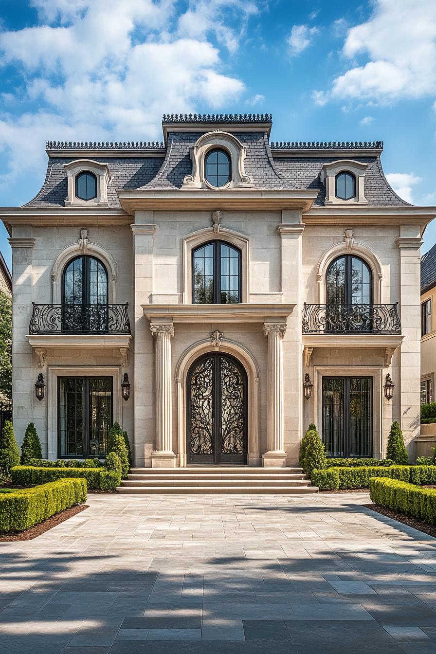 Luxury mansion with elegant wrought iron details and classic pillars