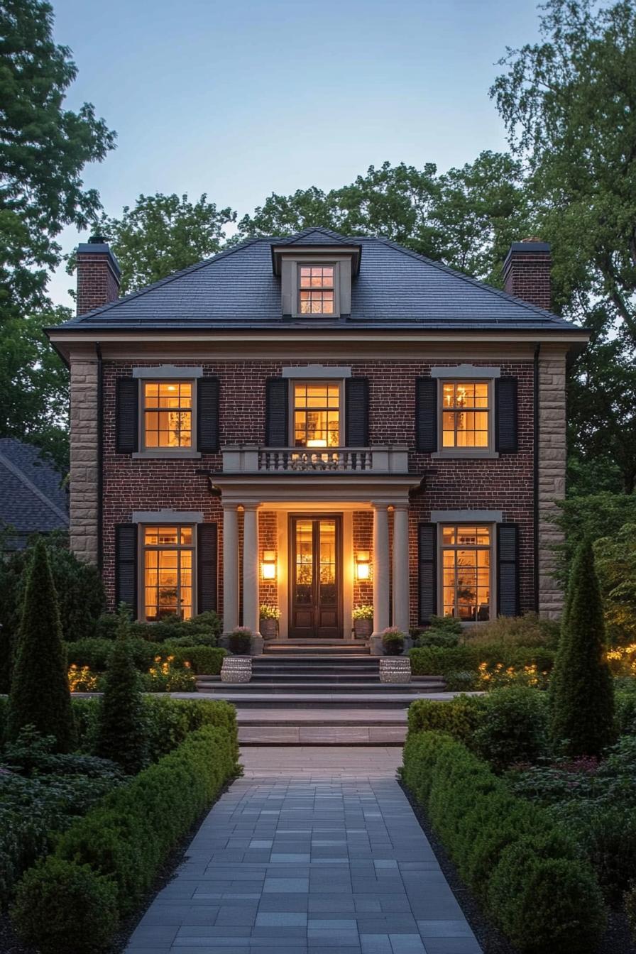 Classic Georgian house with warm lighting and manicured hedges