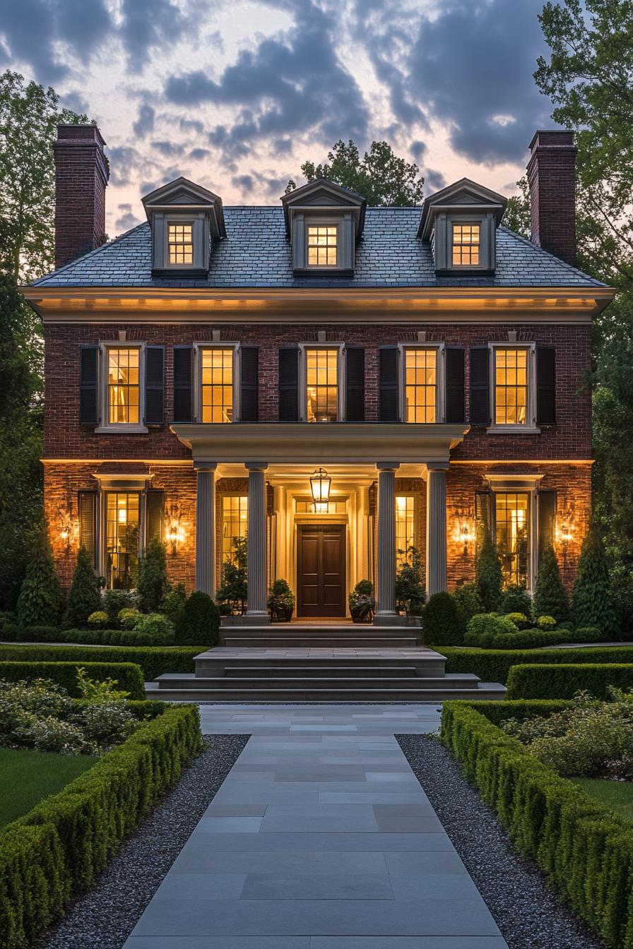 Grand Georgian home with illuminated windows and stately columns