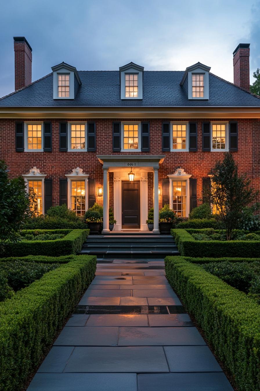 Charming Georgian house with lit windows at dusk