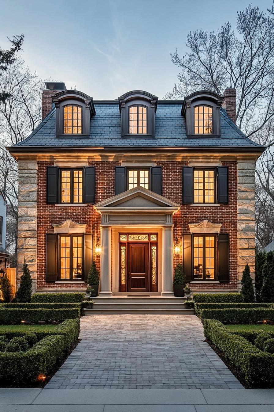 Contemporary Georgian house symmetrical two story facade traditional red brick with stone accents rectangular structure brick and stone materials