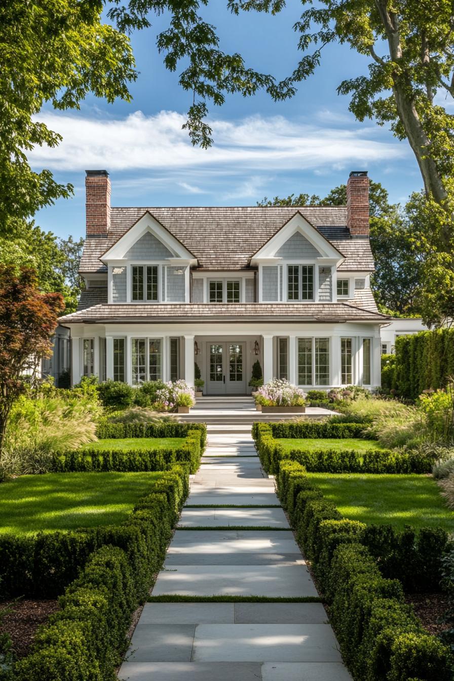 Charming two-story house with manicured garden path