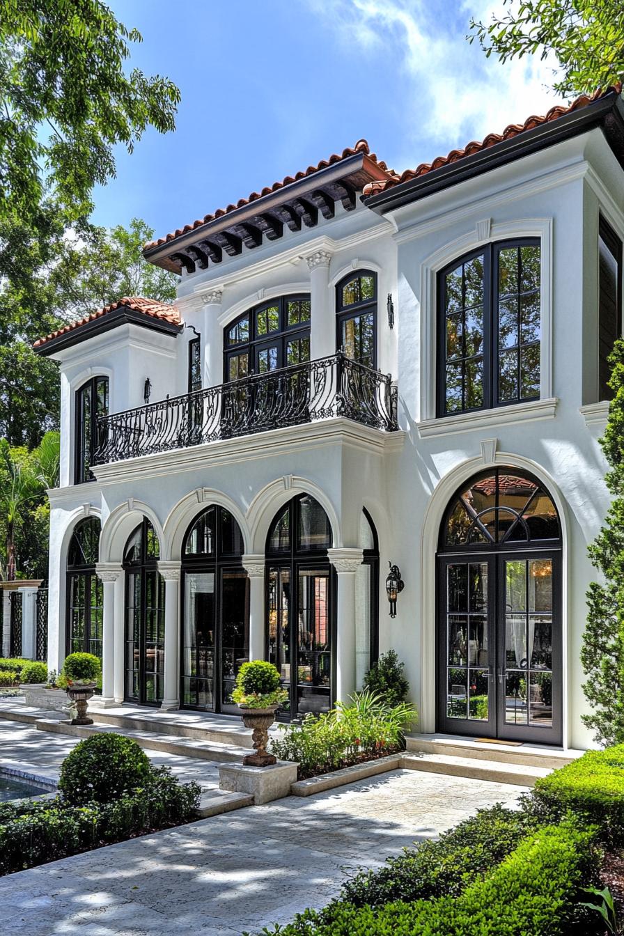 Mediterranean villa with arched windows and lush garden