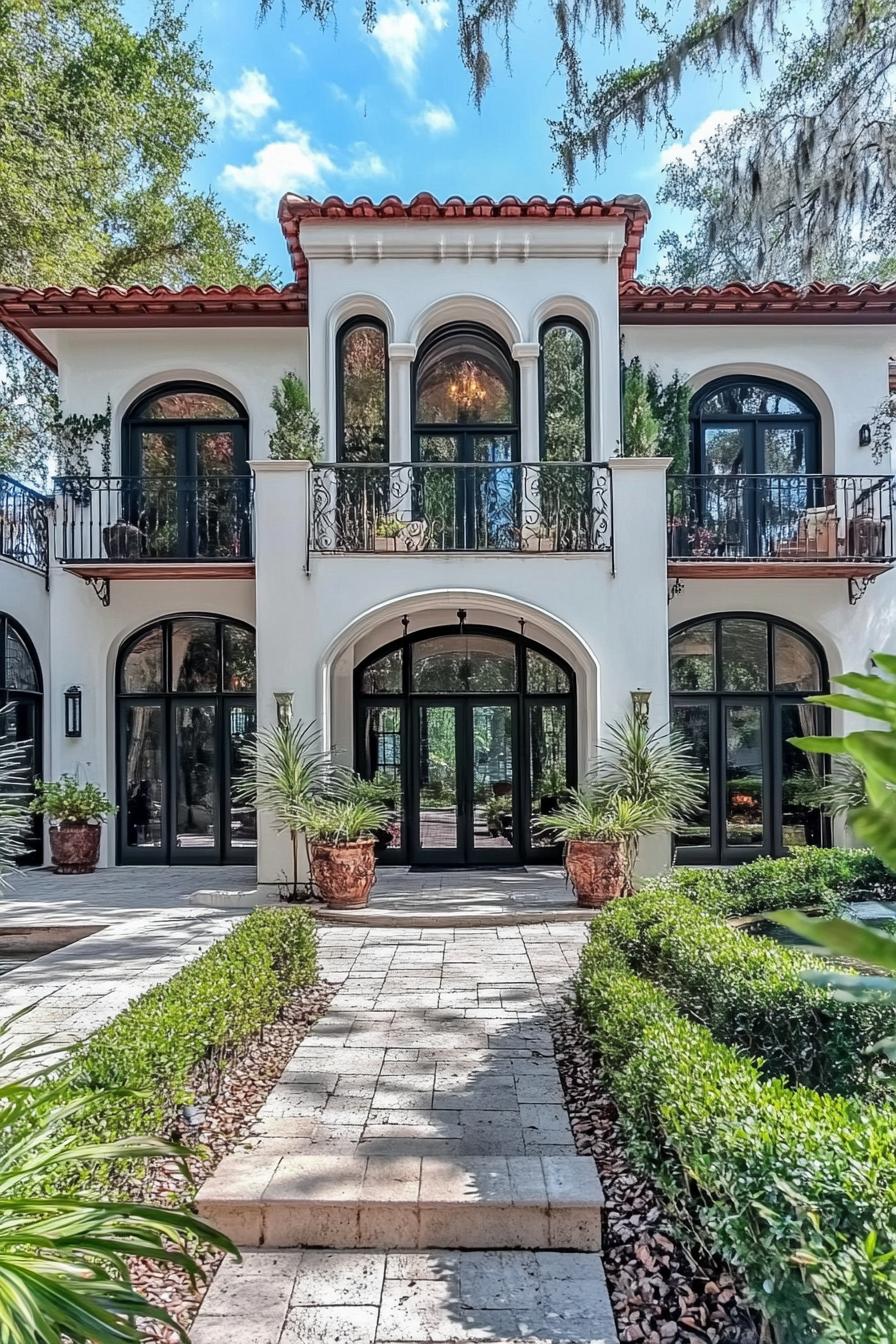 Elegant two-story Mediterranean house with arches and lush greenery