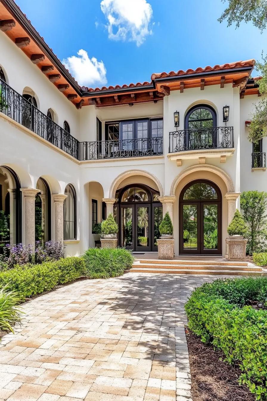 Mediterranean style house with arches and lush greenery