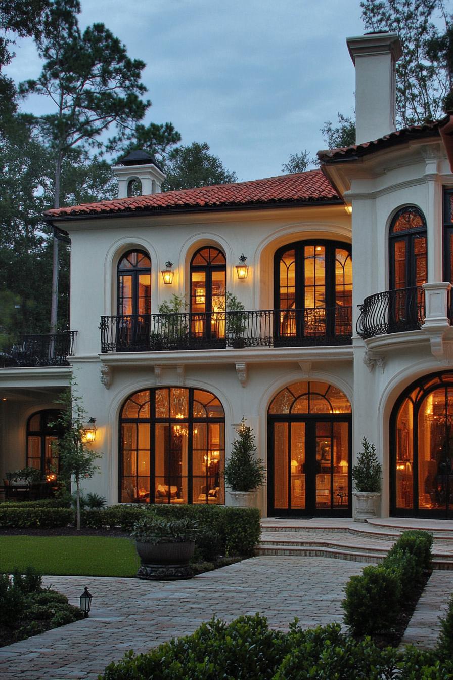 Two-story Mediterranean house with arched windows and glowing lights