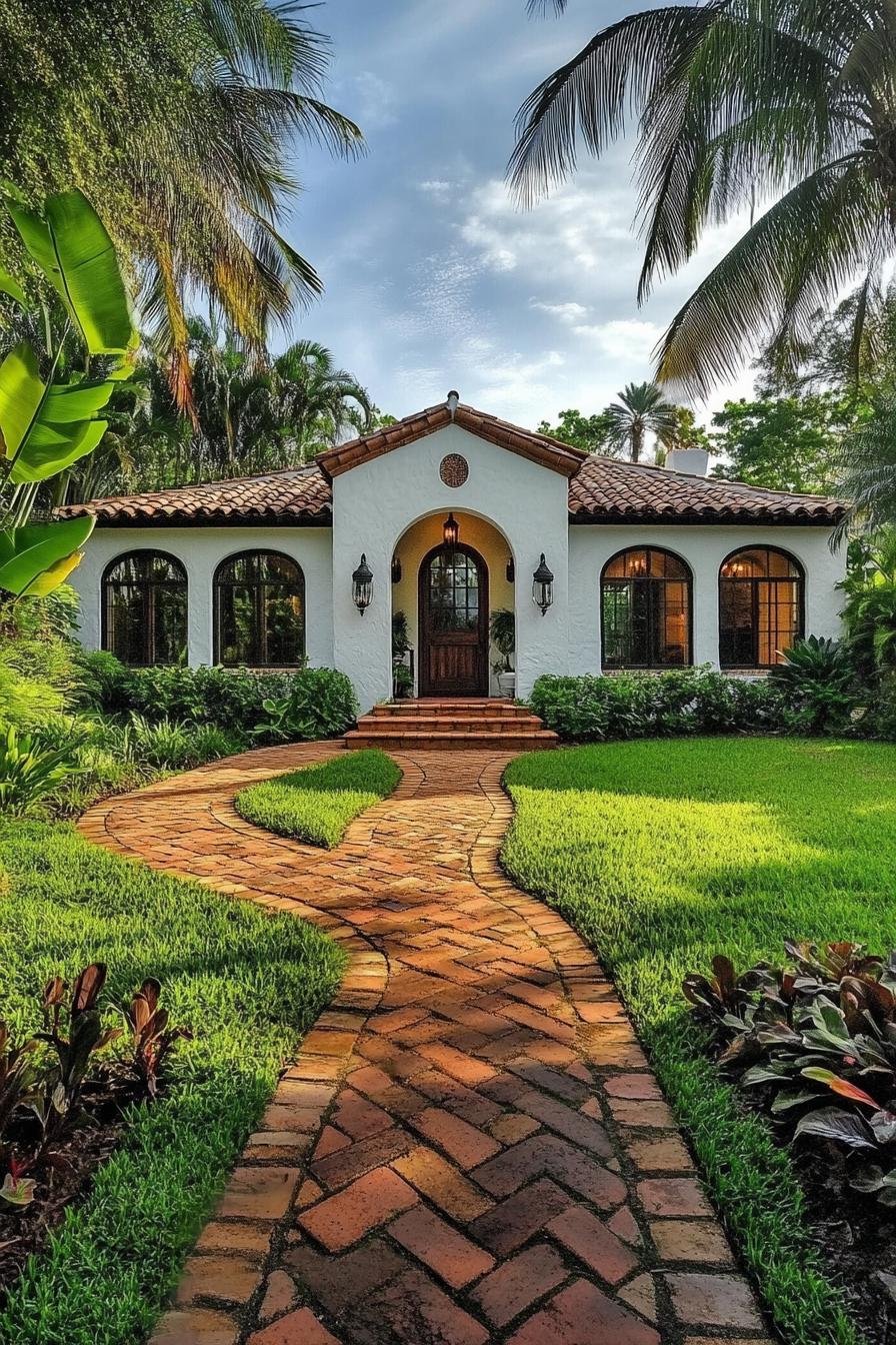 Spanish bungalow surrounded by lush greenery and a brick pathway