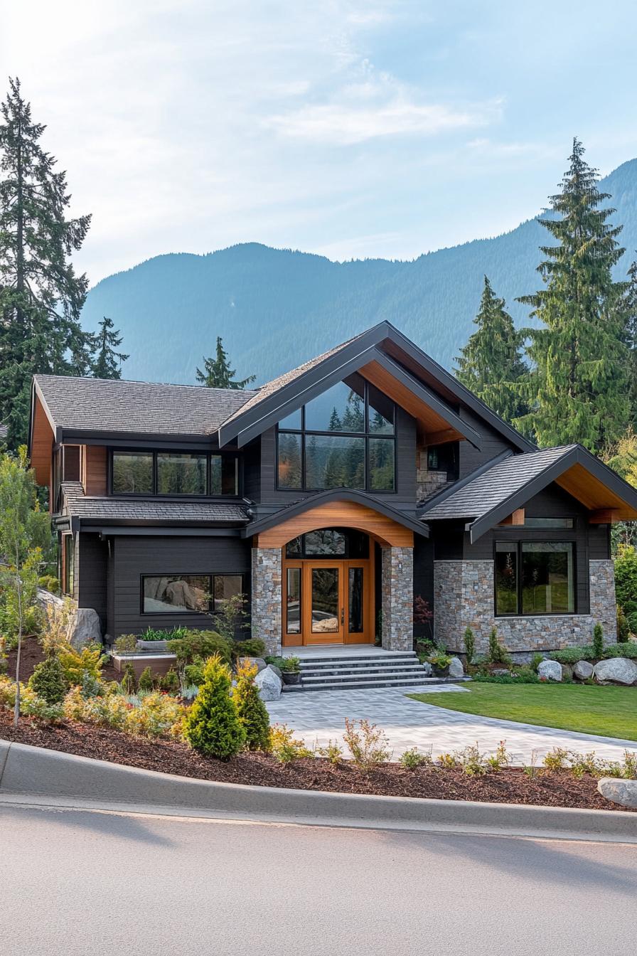 Modern mountain craftsman house with lush landscape