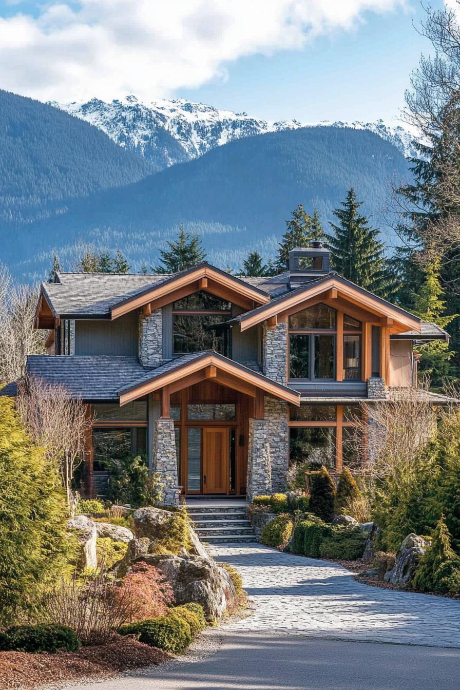 Contemporary mountain craftsman style house surrounded with mountains asymmetrical multi section facade combination of stone and wood siding 2