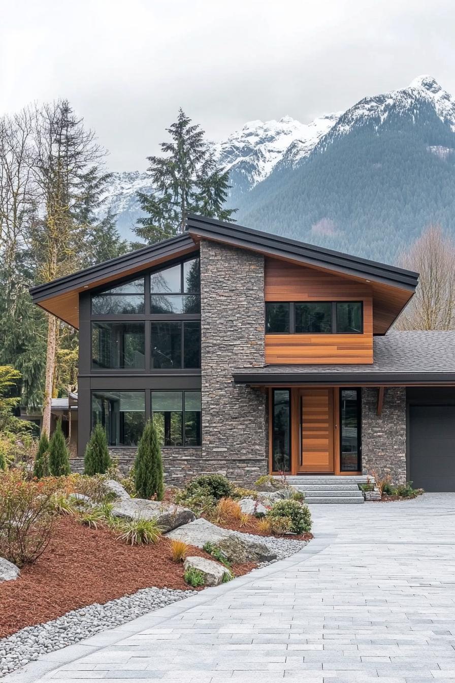 Modern mountain-style home with stone and wood facade