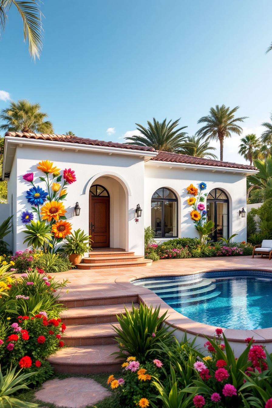 Vibrant Spanish bungalow with floral decor and pool