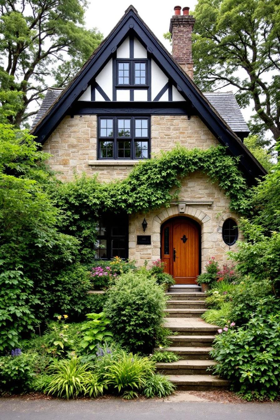 Vine-covered stone cottage with wooden door