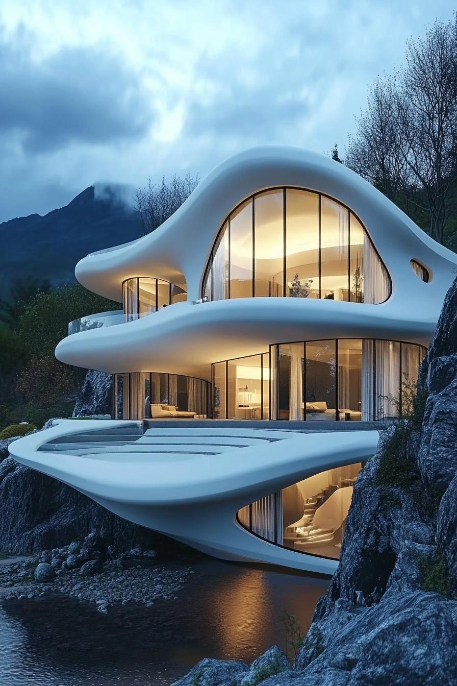 Futuristic home with smooth curves and glass walls perched on a rocky hill