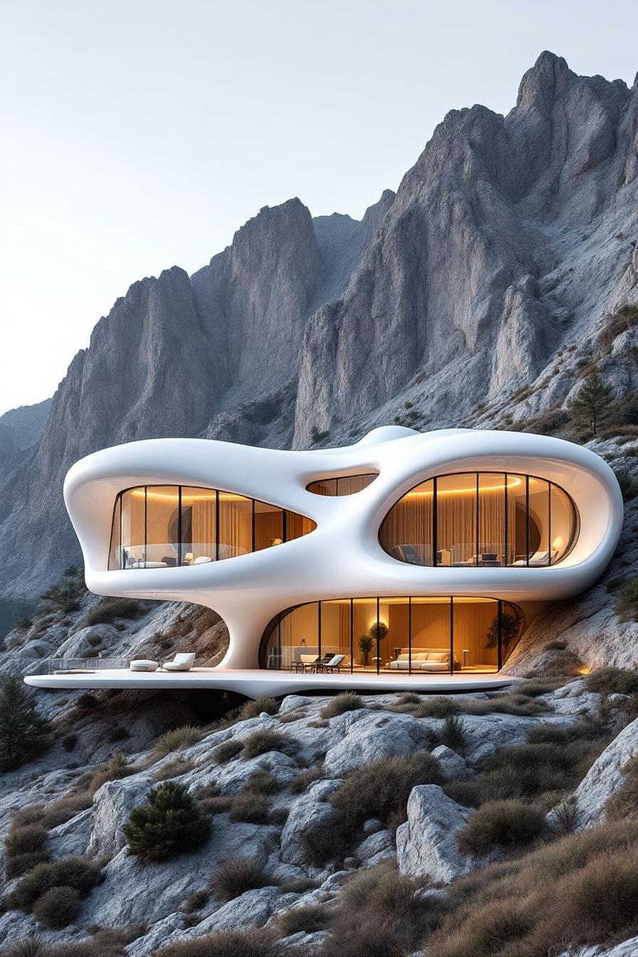 Futuristic home perched on a rocky cliff