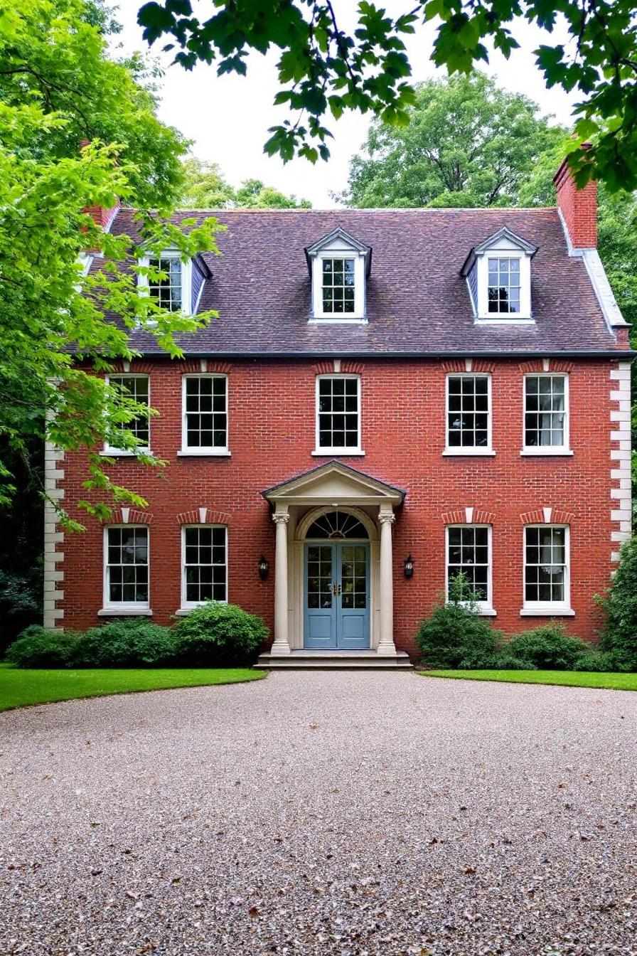 Classic Georgian home with a blue door and surrounding greenery