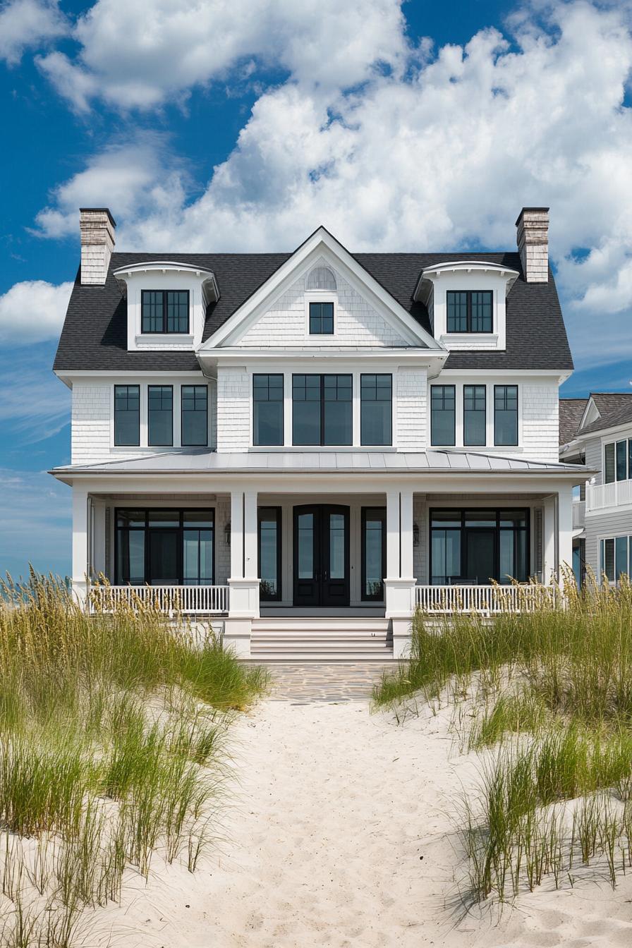 Charming coastal house with white shingles, surrounded by sandy dunes