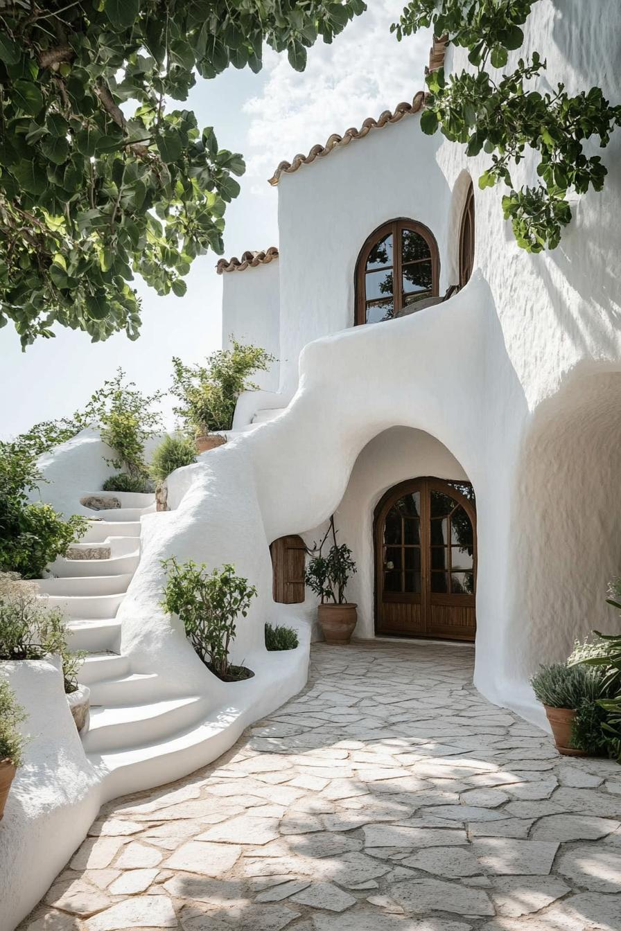 White stucco villa with curved stairway and lush greenery