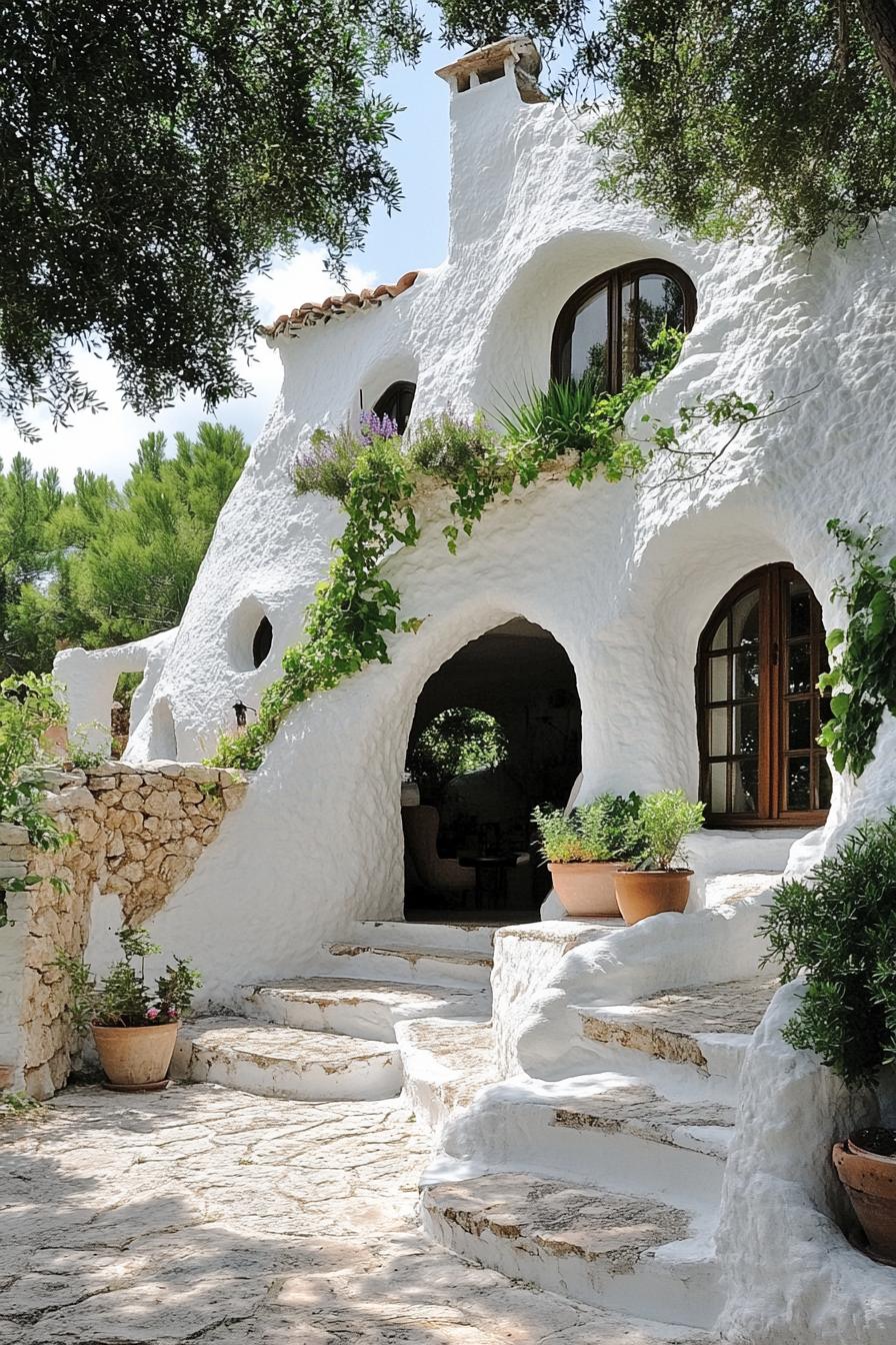 Whitewashed villa with rounded features and greenery