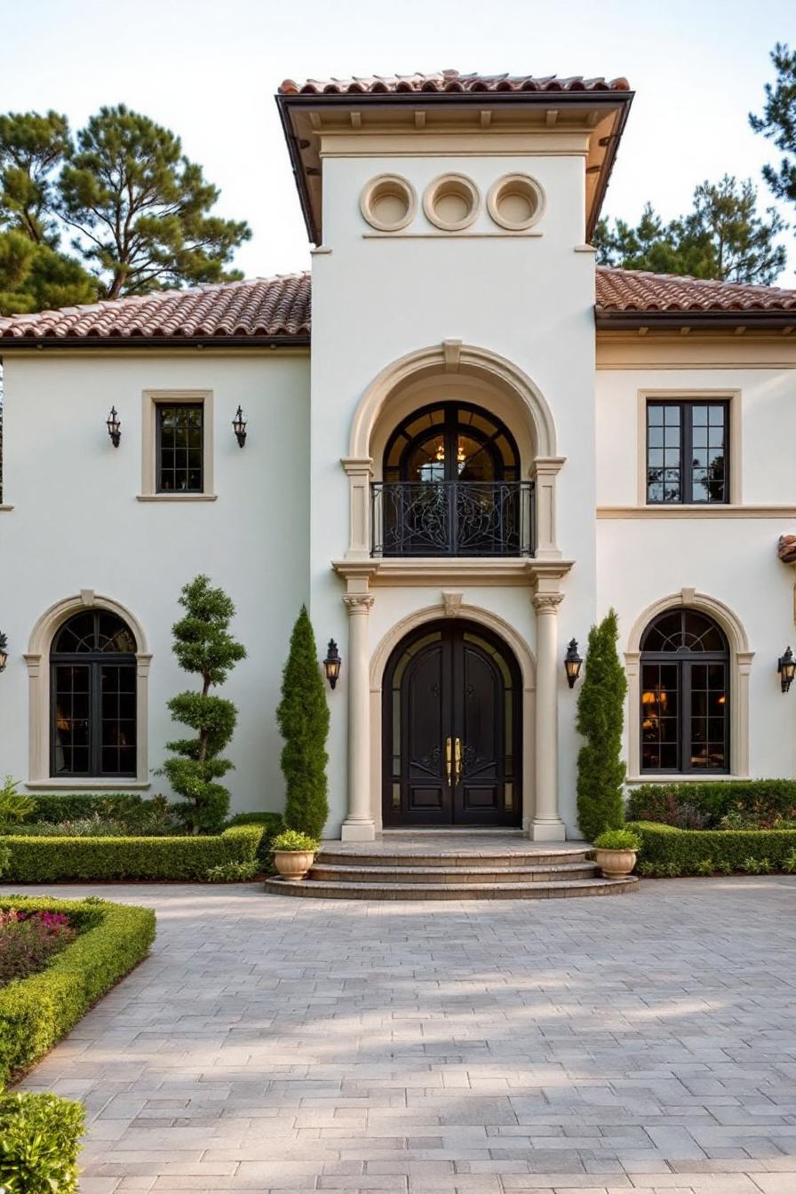 Mediterranean-style villa with grand arches and lush greenery