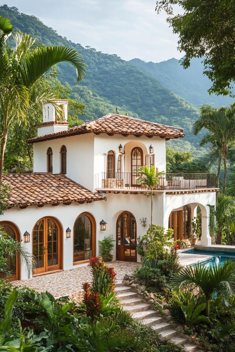 White villa with terracotta roof, surrounded by greenery