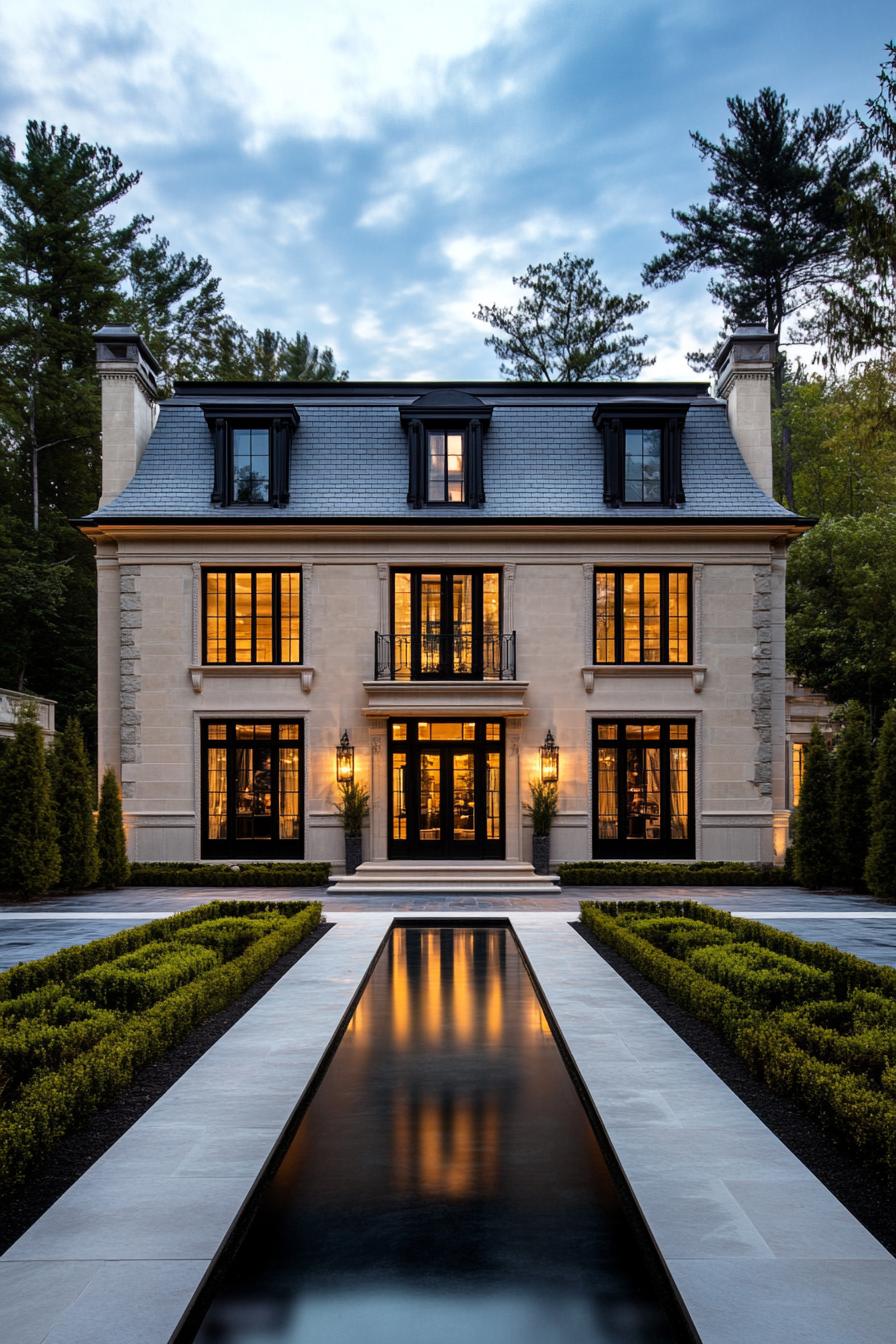 Modern French house with glowing windows and manicured garden